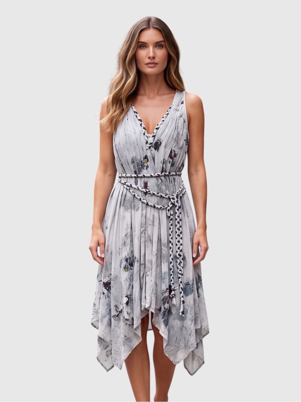 Cecilia De Bucourt Asymmetrical Floral Dress in Light Gray with Braided Belt XS